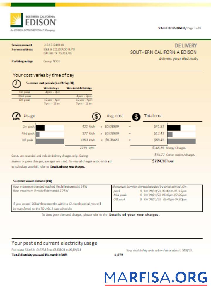 Blank Southern California EDISON utility business bill, page 3, SCR template